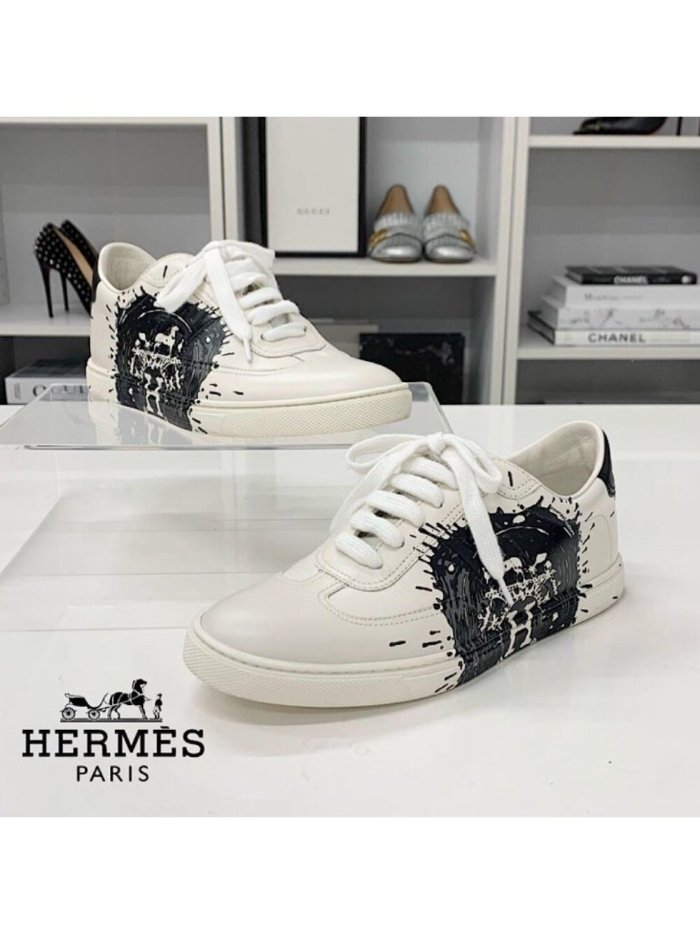 Hermes Quicker Leather Fresh Paint Sneakers White Black